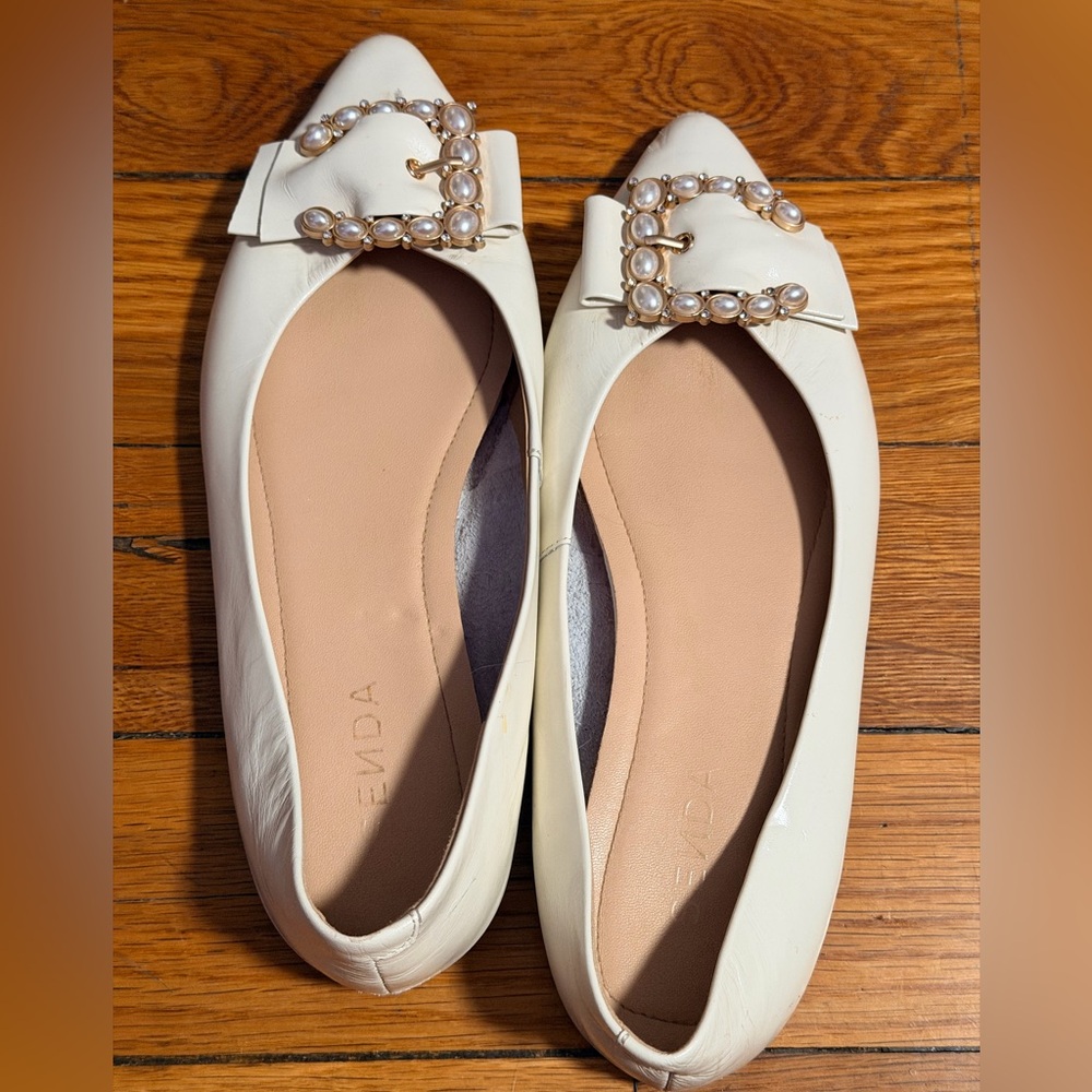 Ivory Pearl Buckle Pointed-Toe Flats
